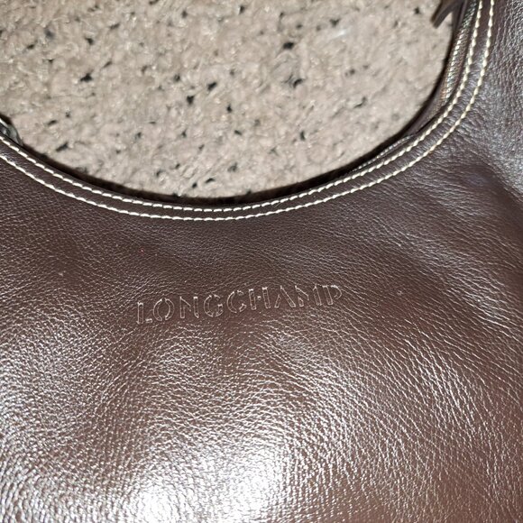 LONGCHAMP-Dark Brown Pebbled Leather Hobo/Baguette-Vintage-Logo Studs-Near Mint - Picture 2 of 13